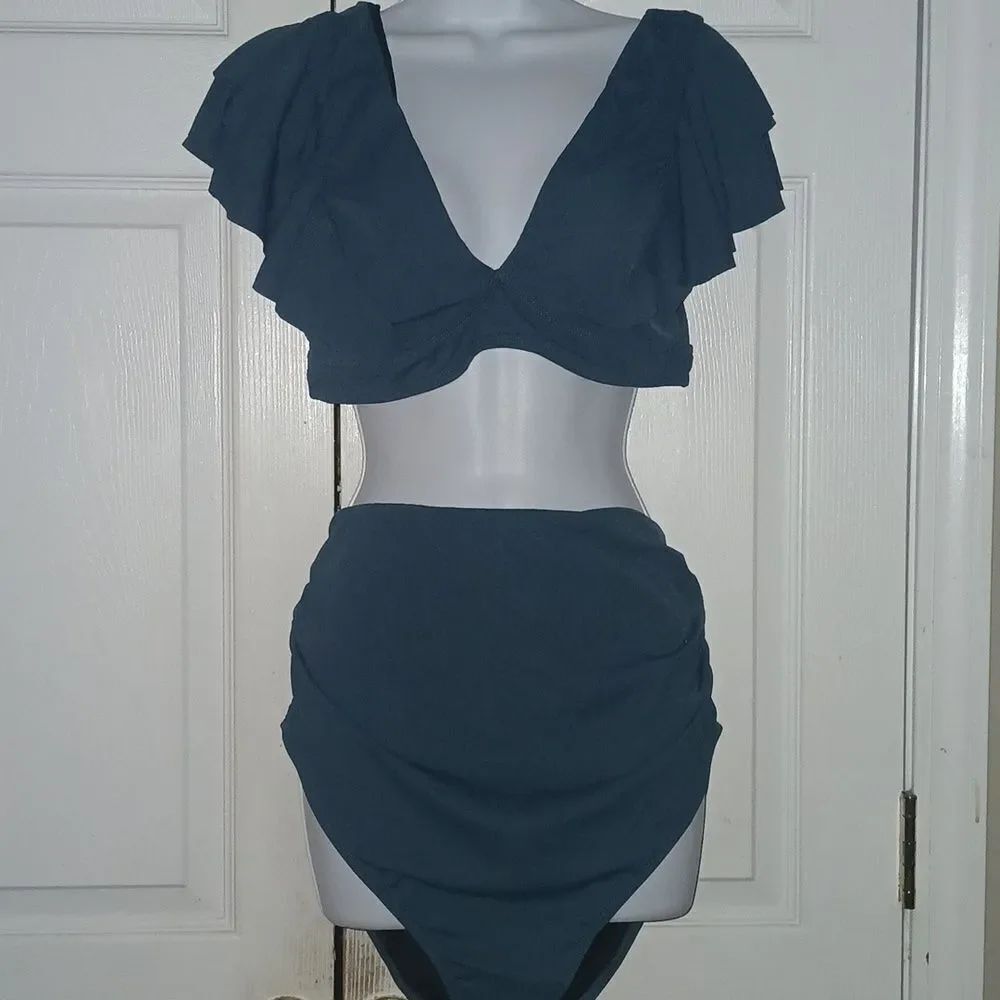 Summer Mae 2 pc Ruffle Ribbed Maternity Swimsuit Pine Green Sz 10 NWT